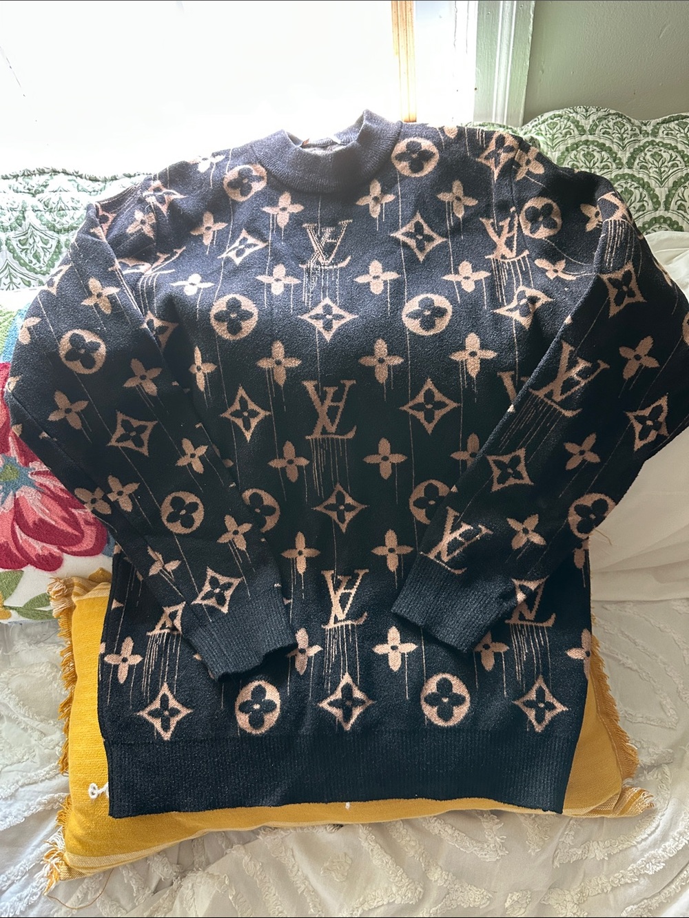 Louis Vuitton Black & Beige Monogram Knit Sweater